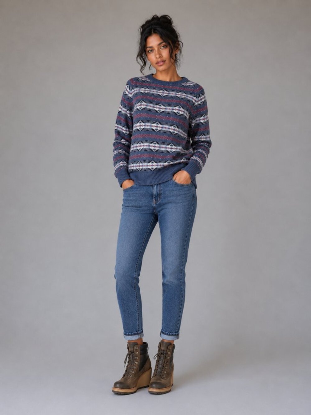 Lambs wool J.Crew Fair Isle Sweater w/m Blue Excellent E3670 Crewneck